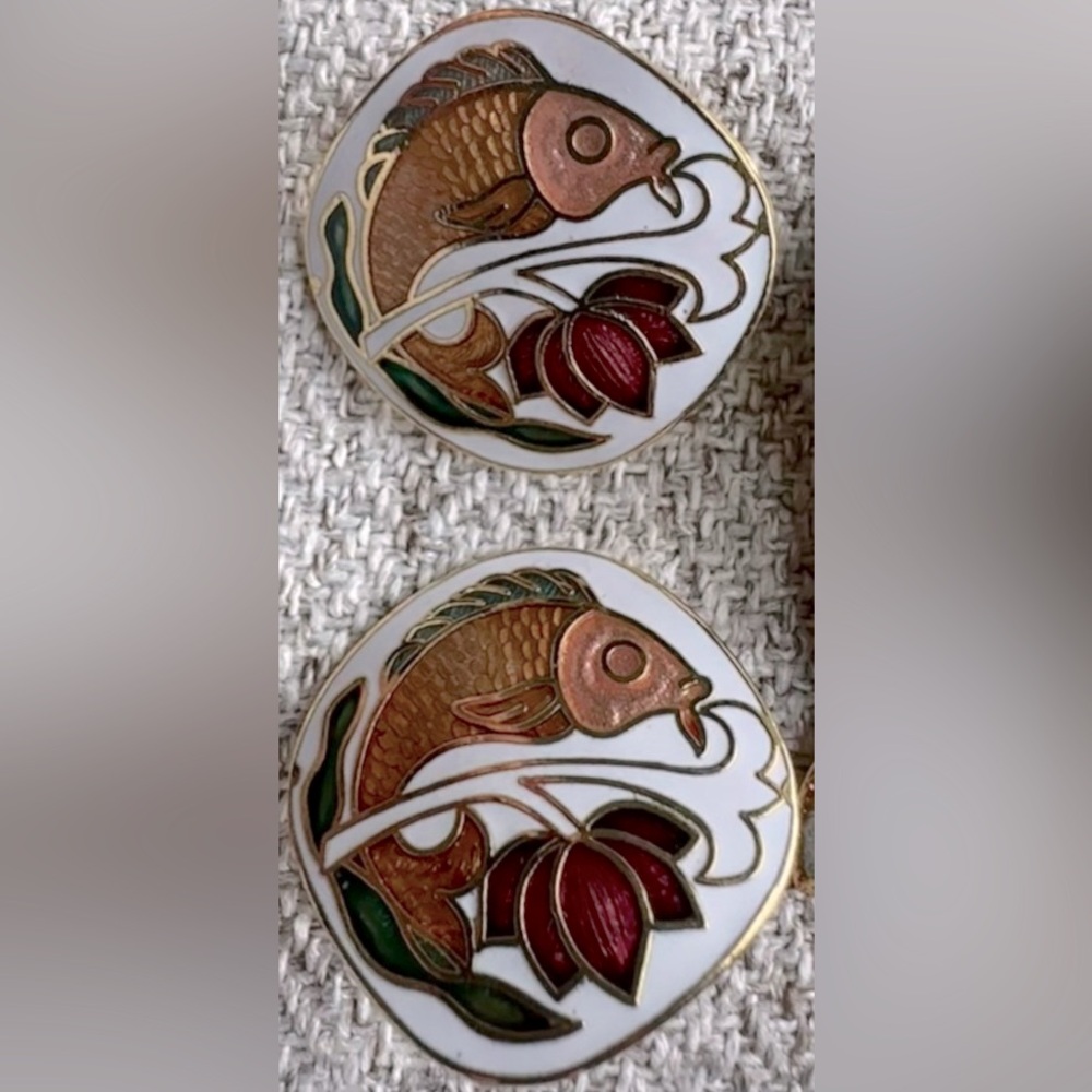 Cloisonné Fish white copper red vintage pierced earrings excellent condition